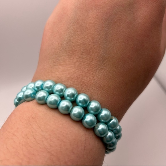 Set of Two Turquoise Blue Faux Pearl Glass Stretch Bracelets - Picture 3 of 5